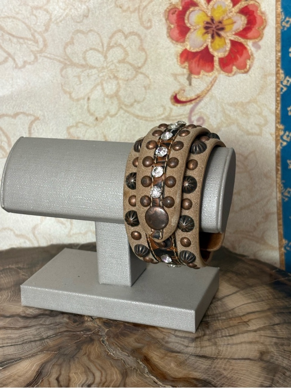 Tan Leather Studded Wrap Bracelet with Clear Rhinestones
